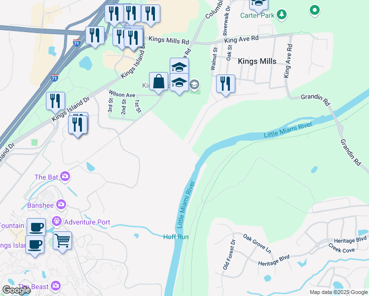 map of restaurants, bars, coffee shops, grocery stores, and more near 2142 Riverwood Trail in Kings Mills