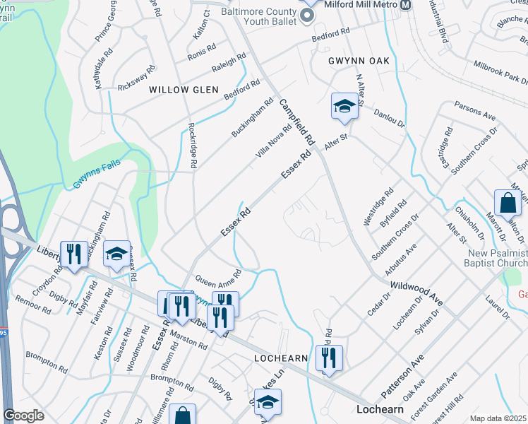 map of restaurants, bars, coffee shops, grocery stores, and more near 4019 Essex Road in Lochearn