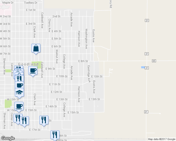 map of restaurants, bars, coffee shops, grocery stores, and more near 814 Eastridge Avenue in Goodland
