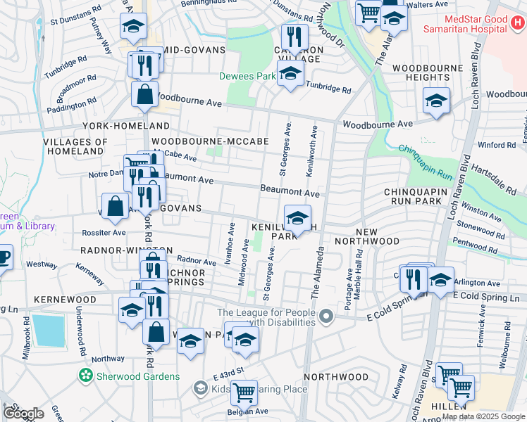 map of restaurants, bars, coffee shops, grocery stores, and more near 5107 Midwood Avenue in Baltimore