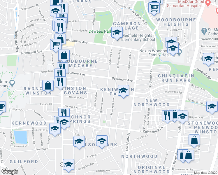 map of restaurants, bars, coffee shops, grocery stores, and more near 5107 Midwood Avenue in Baltimore