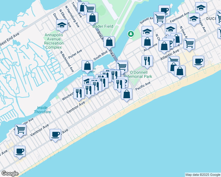 map of restaurants, bars, coffee shops, grocery stores, and more near 31 South Elberon Avenue in Atlantic City