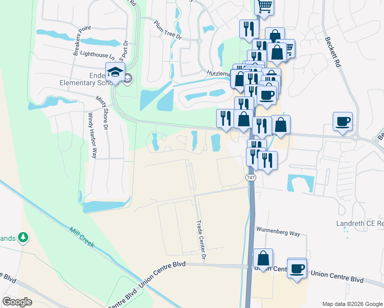 map of restaurants, bars, coffee shops, grocery stores, and more near 4628-4660 Wyndtree Drive in Butler County