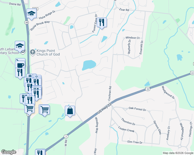 map of restaurants, bars, coffee shops, grocery stores, and more near 5826 Turning Leaf Way in Maineville