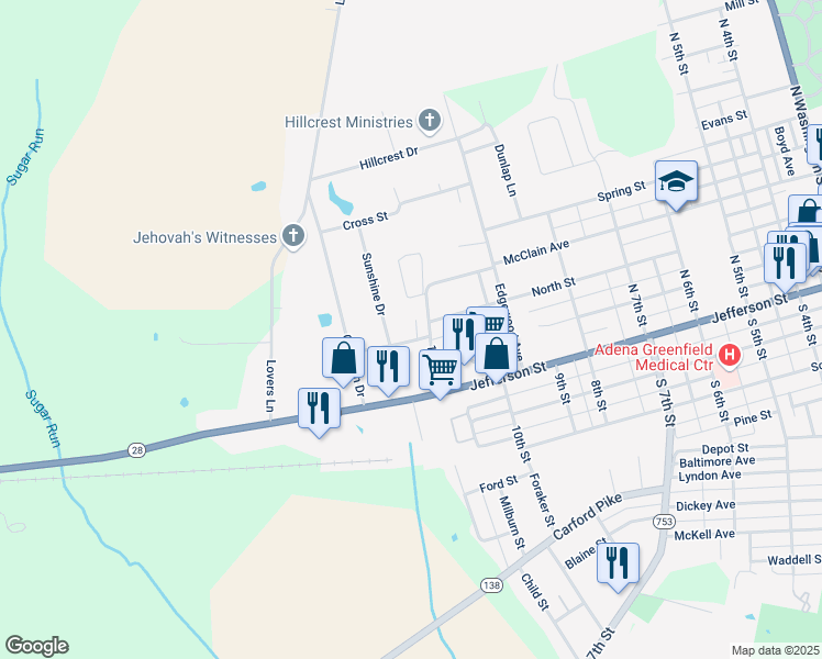 map of restaurants, bars, coffee shops, grocery stores, and more near 101 Janice Street in Greenfield