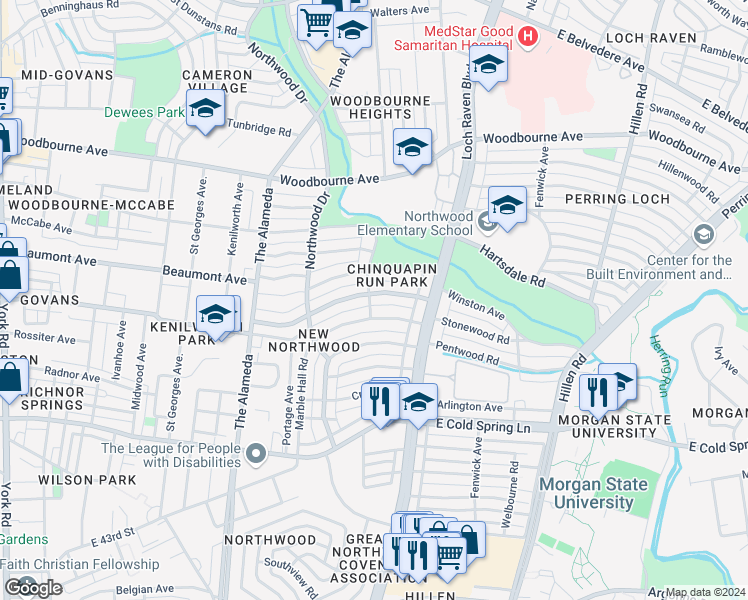 map of restaurants, bars, coffee shops, grocery stores, and more near 1401 Winston Avenue in Baltimore