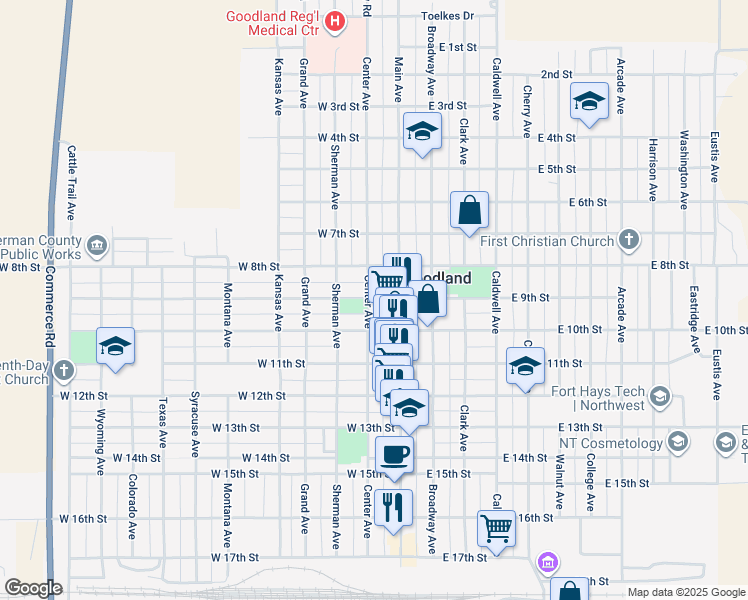 map of restaurants, bars, coffee shops, grocery stores, and more near 948-998 Center Ave in Goodland