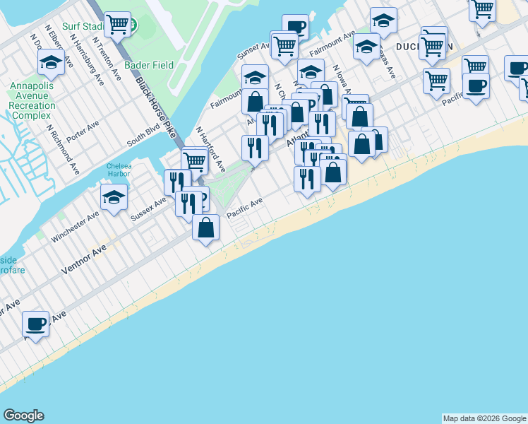 map of restaurants, bars, coffee shops, grocery stores, and more near 135 South Wilson Avenue in Atlantic City
