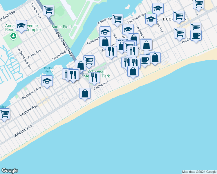 map of restaurants, bars, coffee shops, grocery stores, and more near 135 South Wilson Avenue in Atlantic City