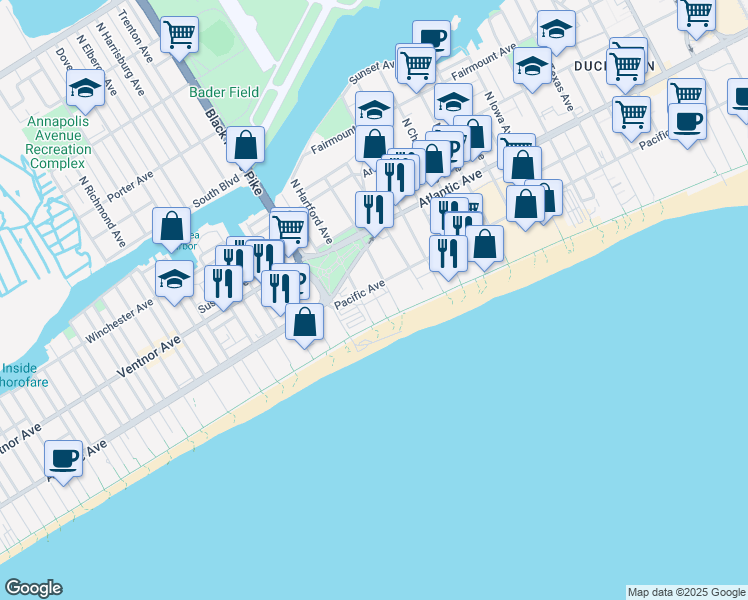 map of restaurants, bars, coffee shops, grocery stores, and more near 3601 Boardwalk in Atlantic City