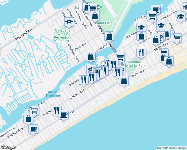 map of restaurants, bars, coffee shops, grocery stores, and more near 21a North Windsor Avenue in Atlantic City
