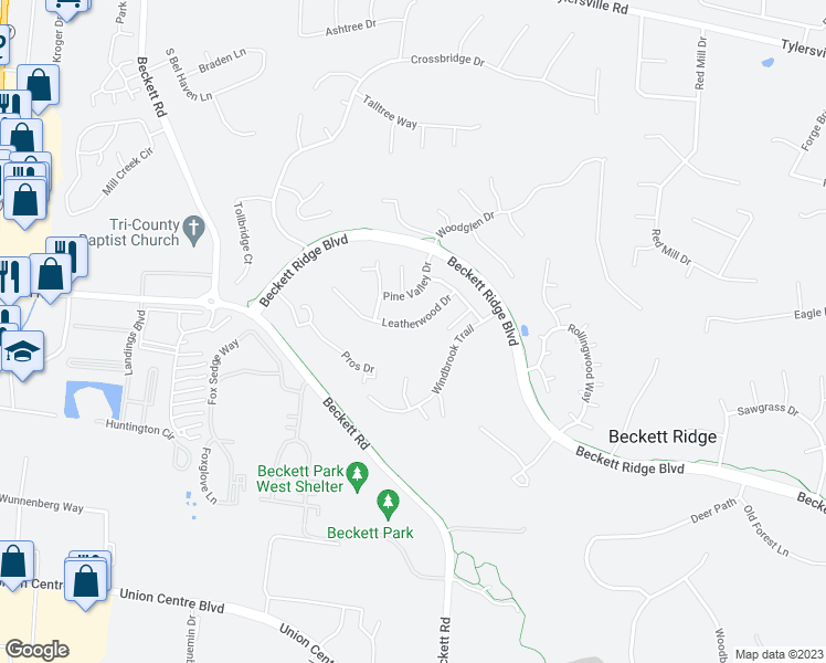 map of restaurants, bars, coffee shops, grocery stores, and more near 5349 Leatherwood Drive in Beckett Ridge