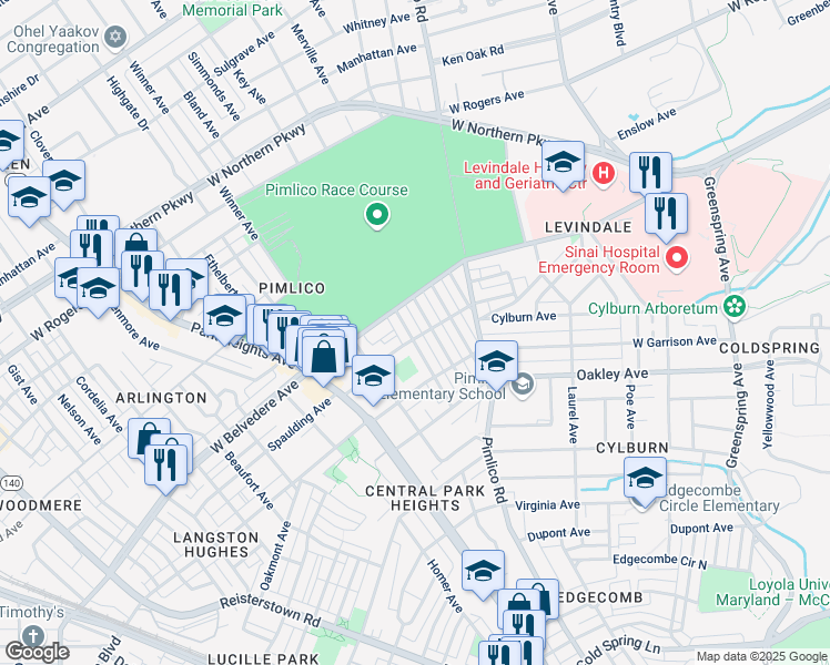 map of restaurants, bars, coffee shops, grocery stores, and more near 5103 Queensberry Avenue in Baltimore