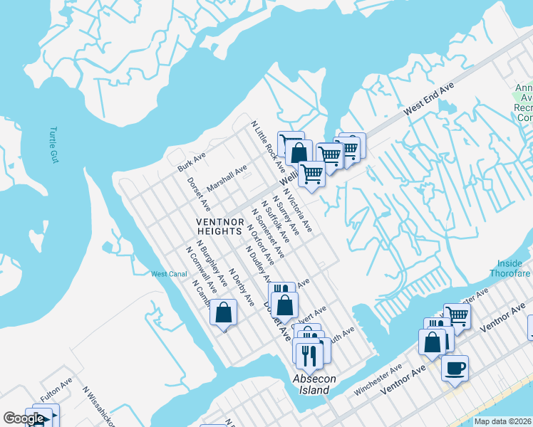 map of restaurants, bars, coffee shops, grocery stores, and more near 603 North Oxford Avenue in Ventnor City