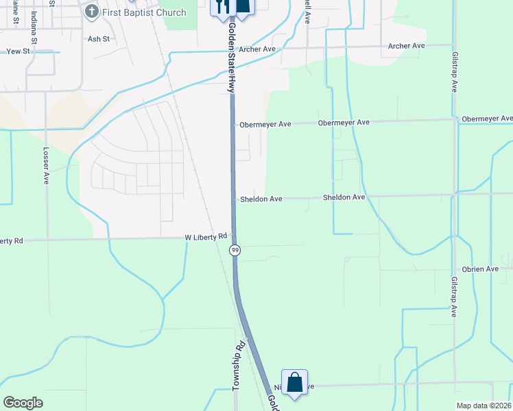 map of restaurants, bars, coffee shops, grocery stores, and more near 32 Sheldon Avenue in Gridley