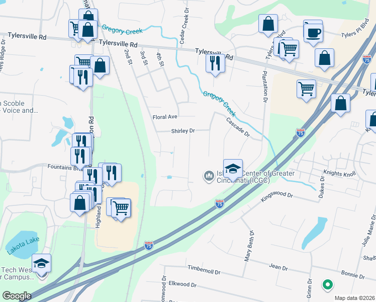 map of restaurants, bars, coffee shops, grocery stores, and more near 8105 Lawrence Drive in Butler County