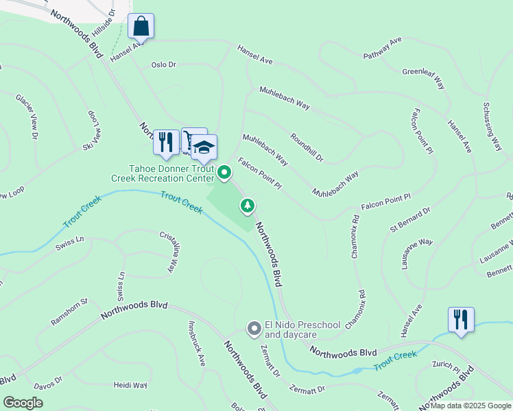 map of restaurants, bars, coffee shops, grocery stores, and more near 12452 Northwoods Boulevard in Truckee