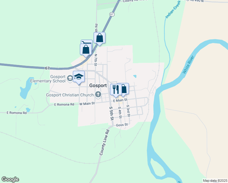 map of restaurants, bars, coffee shops, grocery stores, and more near 11 East North Street in Spencer