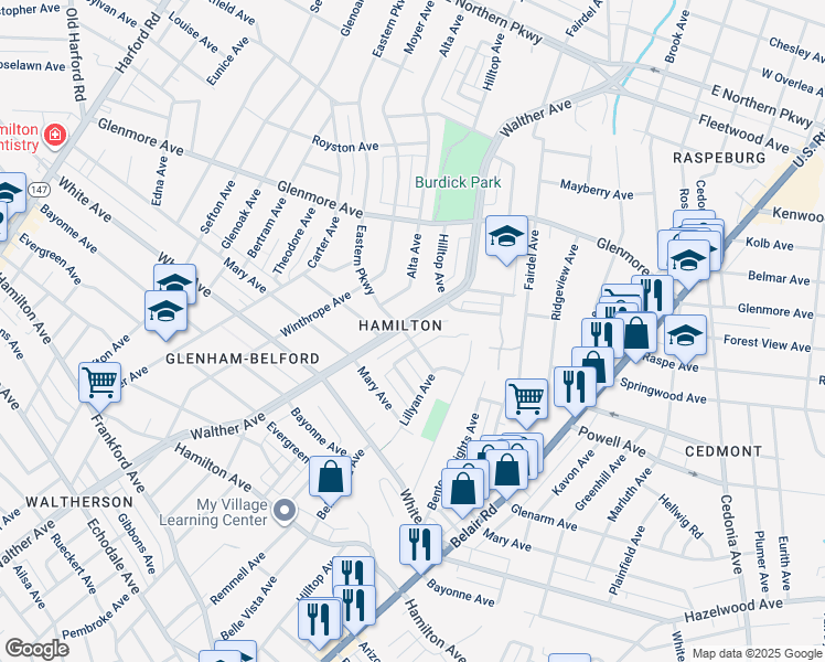 map of restaurants, bars, coffee shops, grocery stores, and more near 6003 Walther Avenue in Baltimore