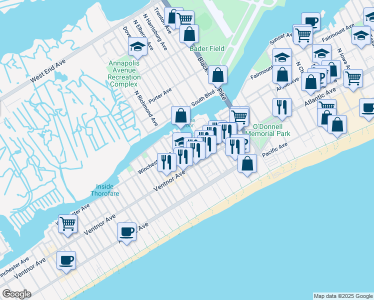 map of restaurants, bars, coffee shops, grocery stores, and more near 65 Chelsea Court in Atlantic City