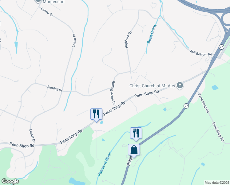 map of restaurants, bars, coffee shops, grocery stores, and more near 4205 Rolling Acres Drive in Mount Airy