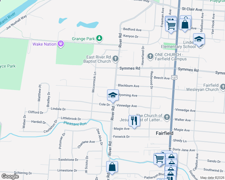 map of restaurants, bars, coffee shops, grocery stores, and more near 4669 River Road in Fairfield
