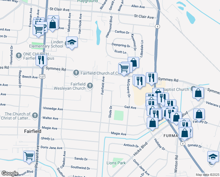 map of restaurants, bars, coffee shops, grocery stores, and more near 898 Linwood Avenue in Fairfield