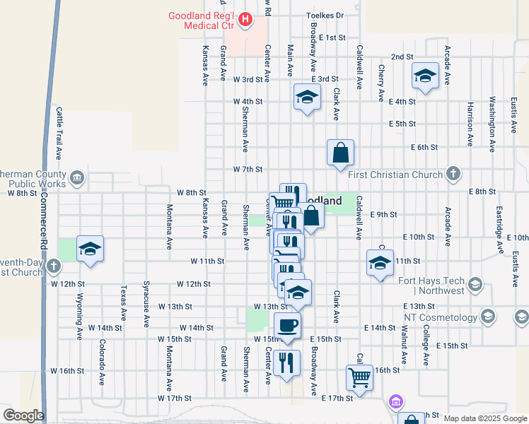 map of restaurants, bars, coffee shops, grocery stores, and more near 201-247 West 8th Street in Goodland
