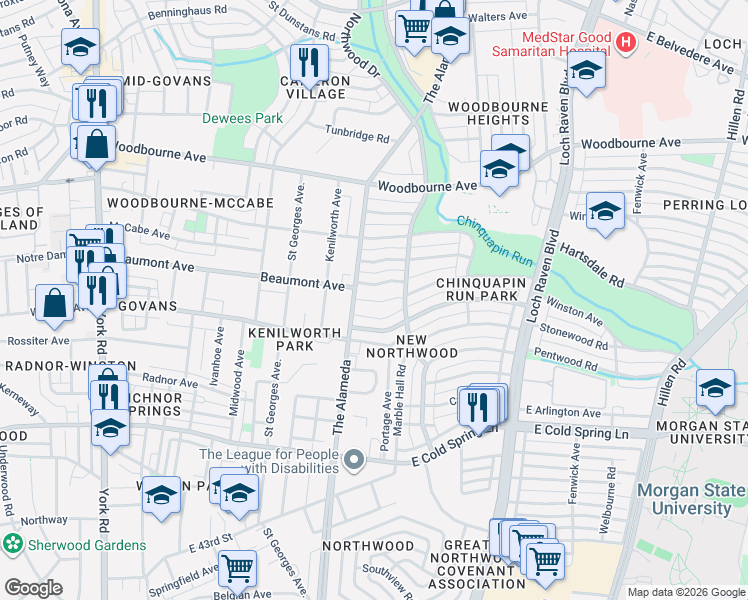 map of restaurants, bars, coffee shops, grocery stores, and more near 5601 Loch Raven Boulevard in Baltimore