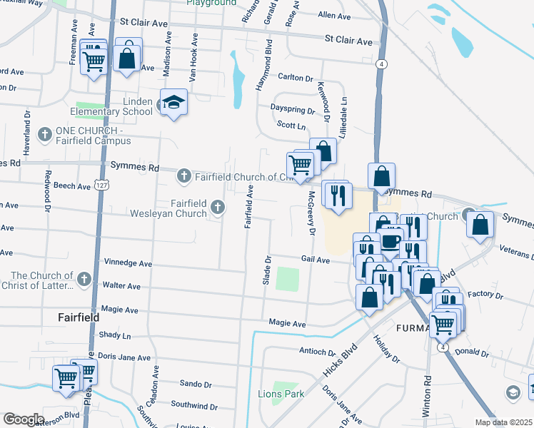 map of restaurants, bars, coffee shops, grocery stores, and more near 898 Linwood Avenue in Fairfield