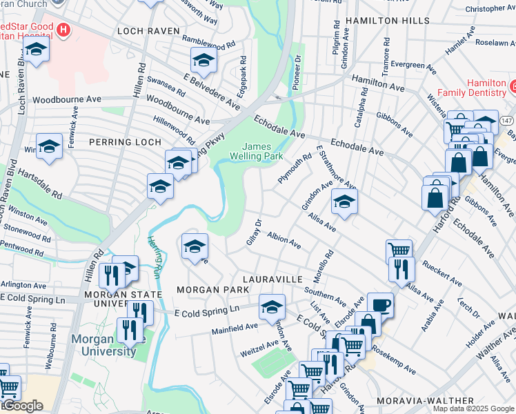 map of restaurants, bars, coffee shops, grocery stores, and more near 4902 Gilray Drive in Baltimore