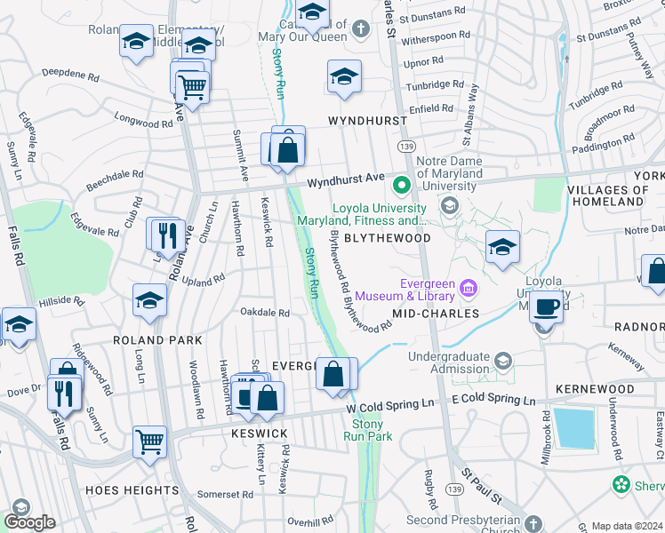 map of restaurants, bars, coffee shops, grocery stores, and more near 17 Blythewood Road in Baltimore