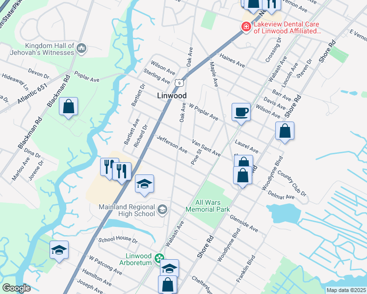 map of restaurants, bars, coffee shops, grocery stores, and more near 331 Van Sant Avenue in Linwood