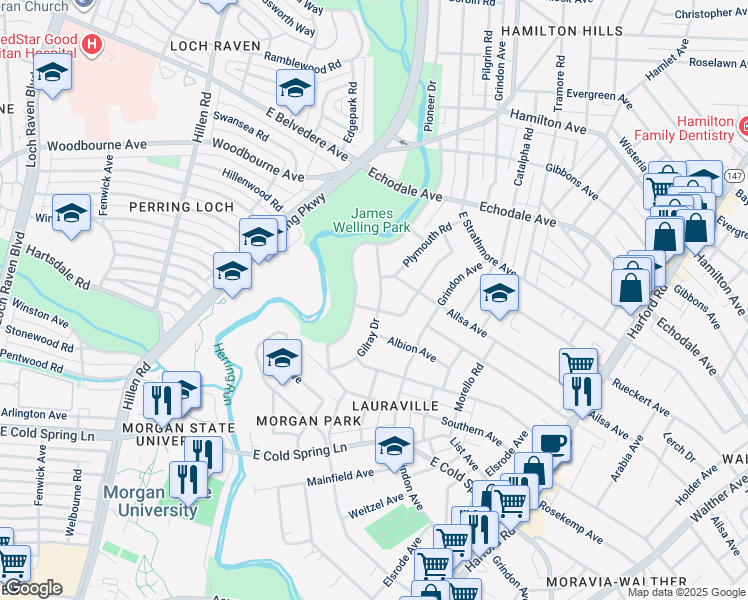 map of restaurants, bars, coffee shops, grocery stores, and more near 4902 Gilray Drive in Baltimore