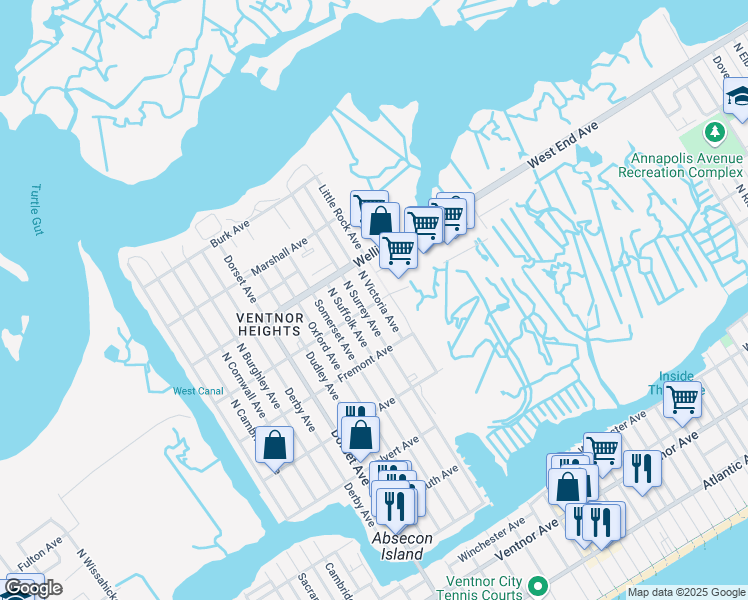 map of restaurants, bars, coffee shops, grocery stores, and more near 610 North Victoria Avenue in Ventnor City