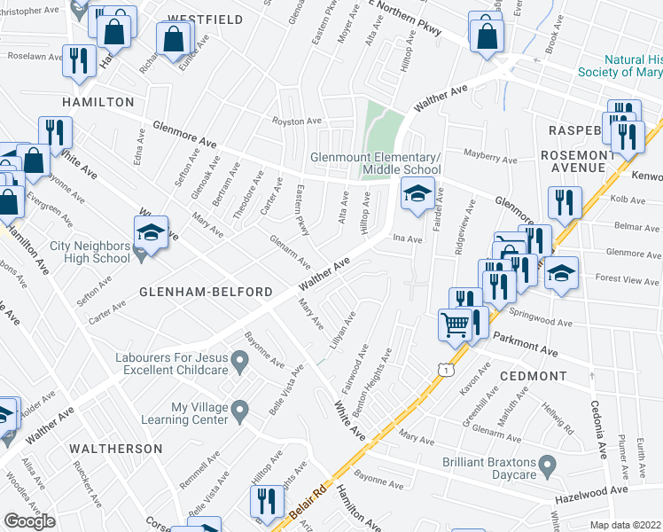 map of restaurants, bars, coffee shops, grocery stores, and more near Walther Ave & Eastern Pkwy in Baltimore