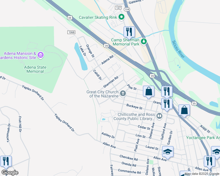 map of restaurants, bars, coffee shops, grocery stores, and more near 774 Sherman Road in Chillicothe