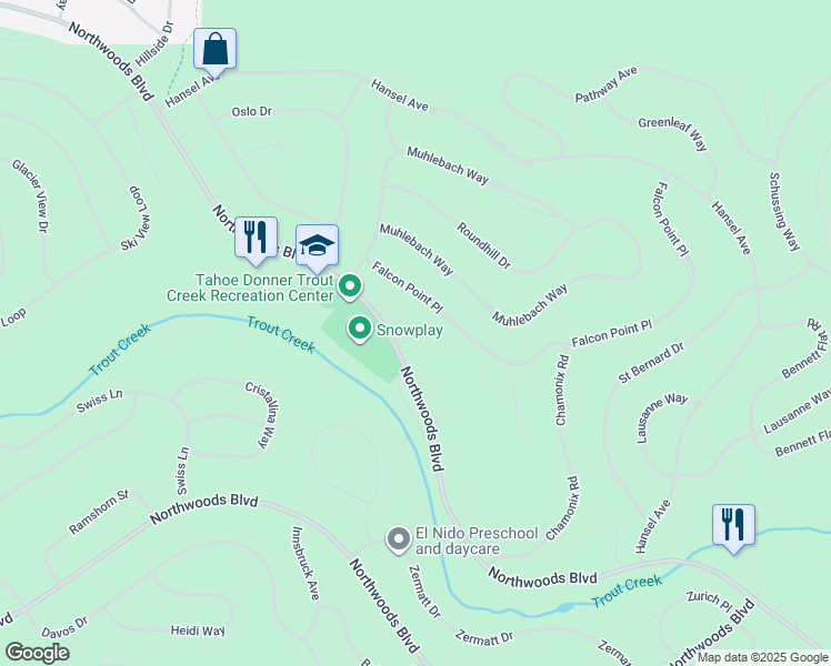 map of restaurants, bars, coffee shops, grocery stores, and more near 12545 Northwoods Boulevard in Truckee