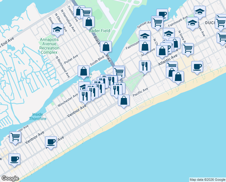 map of restaurants, bars, coffee shops, grocery stores, and more near 3817 Ventnor Avenue in Atlantic City