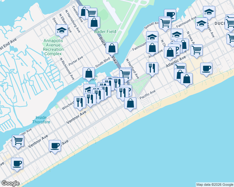 map of restaurants, bars, coffee shops, grocery stores, and more near 3817 Ventnor Avenue in Atlantic City