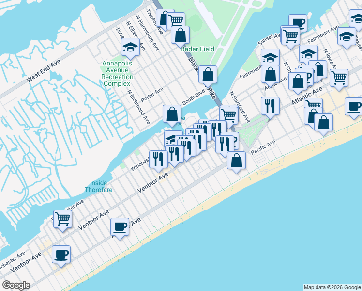 map of restaurants, bars, coffee shops, grocery stores, and more near 65 Chelsea Court in Atlantic City