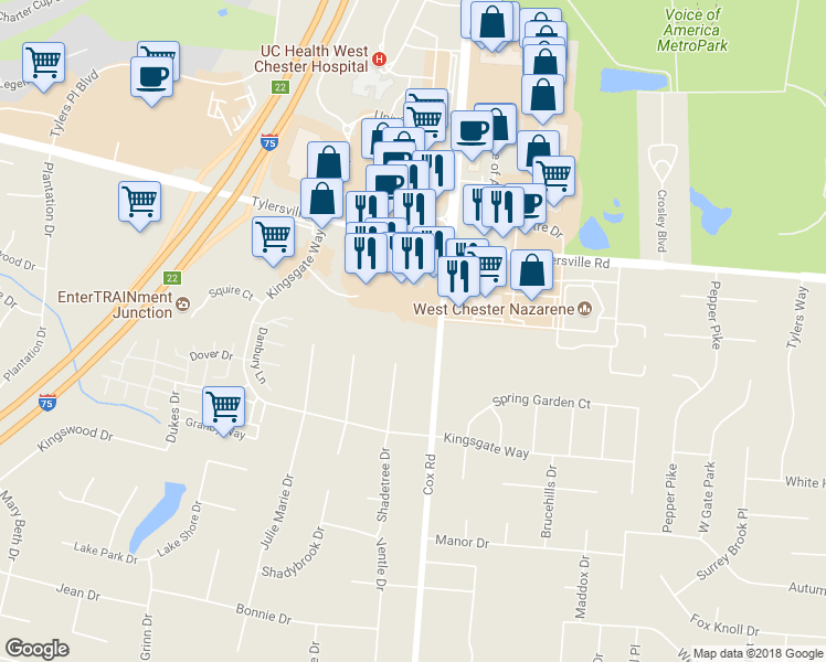 map of restaurants, bars, coffee shops, grocery stores, and more near 7779 Tylersville Road in Butler County