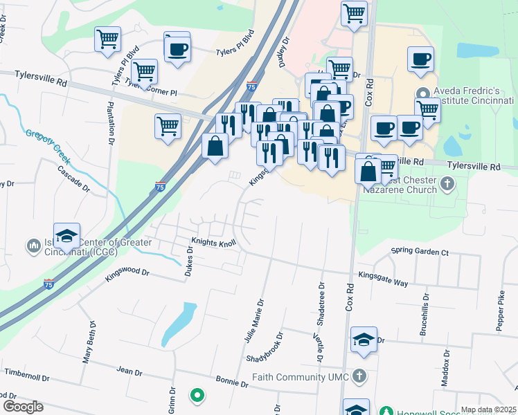 map of restaurants, bars, coffee shops, grocery stores, and more near 7665 Monarch Court in Butler County