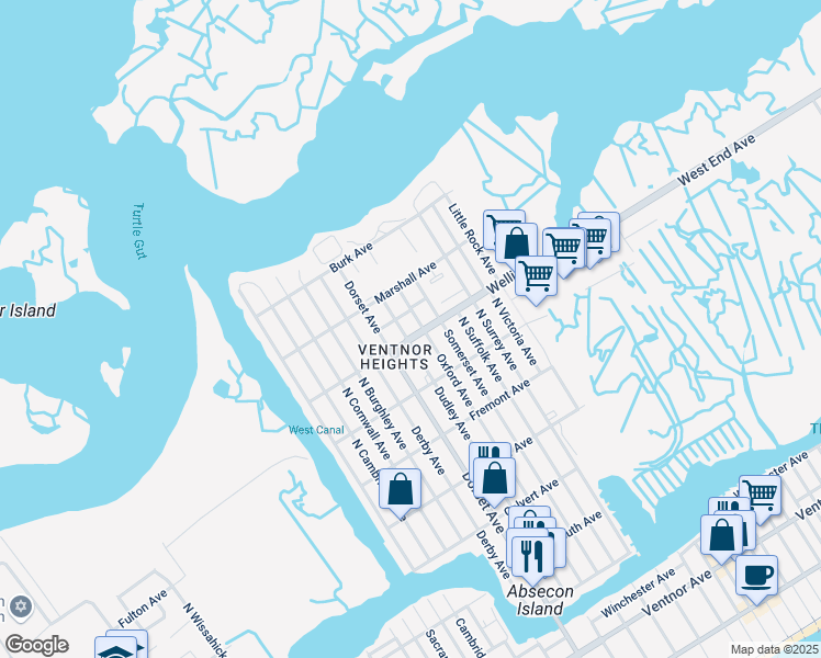 map of restaurants, bars, coffee shops, grocery stores, and more near 703 North Dudley Avenue in Ventnor City