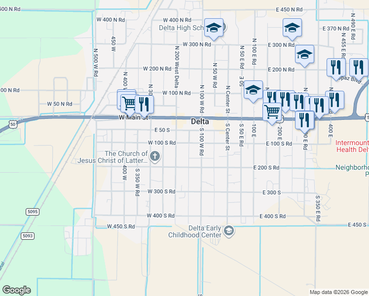 map of restaurants, bars, coffee shops, grocery stores, and more near 148 West 100 South in Delta