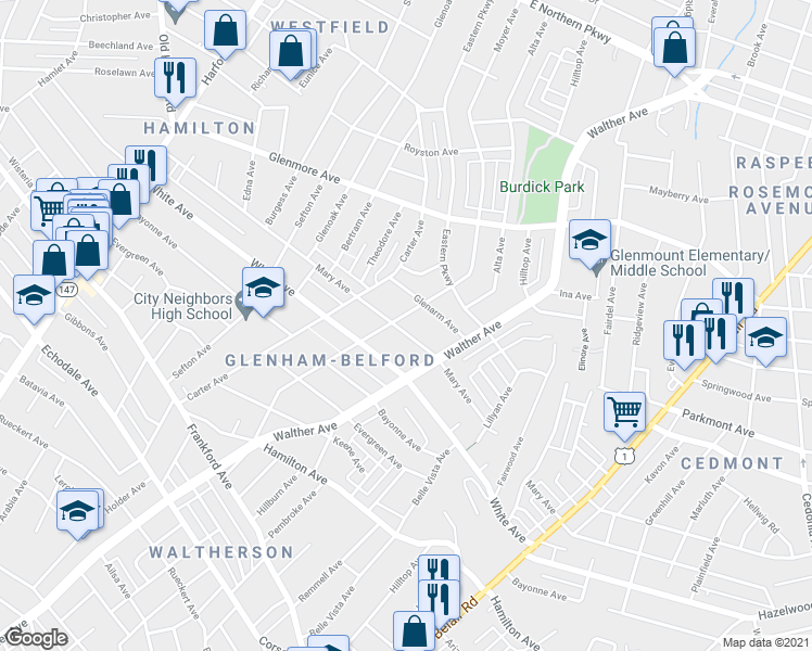 map of restaurants, bars, coffee shops, grocery stores, and more near 3604 Mary Avenue in Baltimore