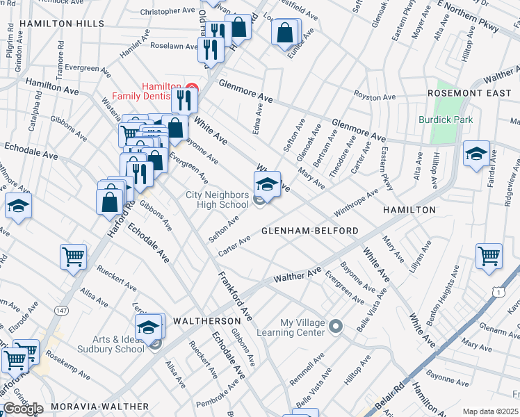 map of restaurants, bars, coffee shops, grocery stores, and more near 5609 Sefton Avenue in Baltimore
