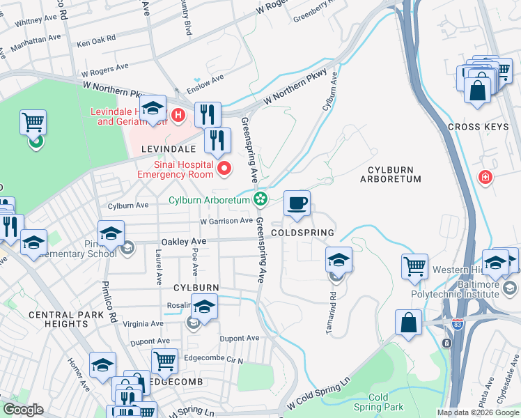 map of restaurants, bars, coffee shops, grocery stores, and more near 4915 Greenspring Avenue in Baltimore
