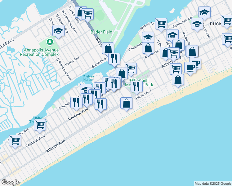 map of restaurants, bars, coffee shops, grocery stores, and more near 3817 Ventnor Avenue in Atlantic City