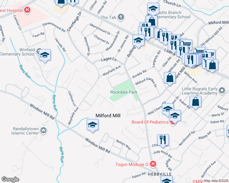 map of restaurants, bars, coffee shops, grocery stores, and more near 8331 Mindale Circle in Milford Mill